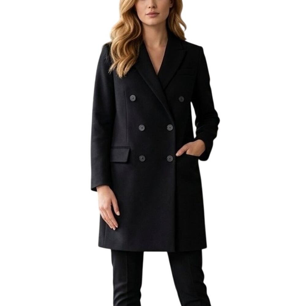 NEW STRADIVARIUS Double Breasted Wool Blend Long Line Black Coat SZ XS